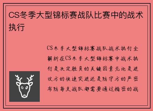 CS冬季大型锦标赛战队比赛中的战术执行