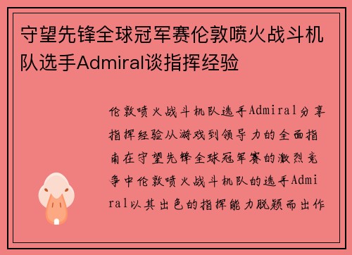 守望先锋全球冠军赛伦敦喷火战斗机队选手Admiral谈指挥经验
