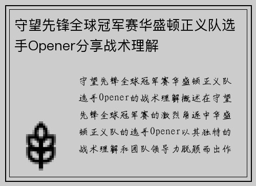 守望先锋全球冠军赛华盛顿正义队选手Opener分享战术理解